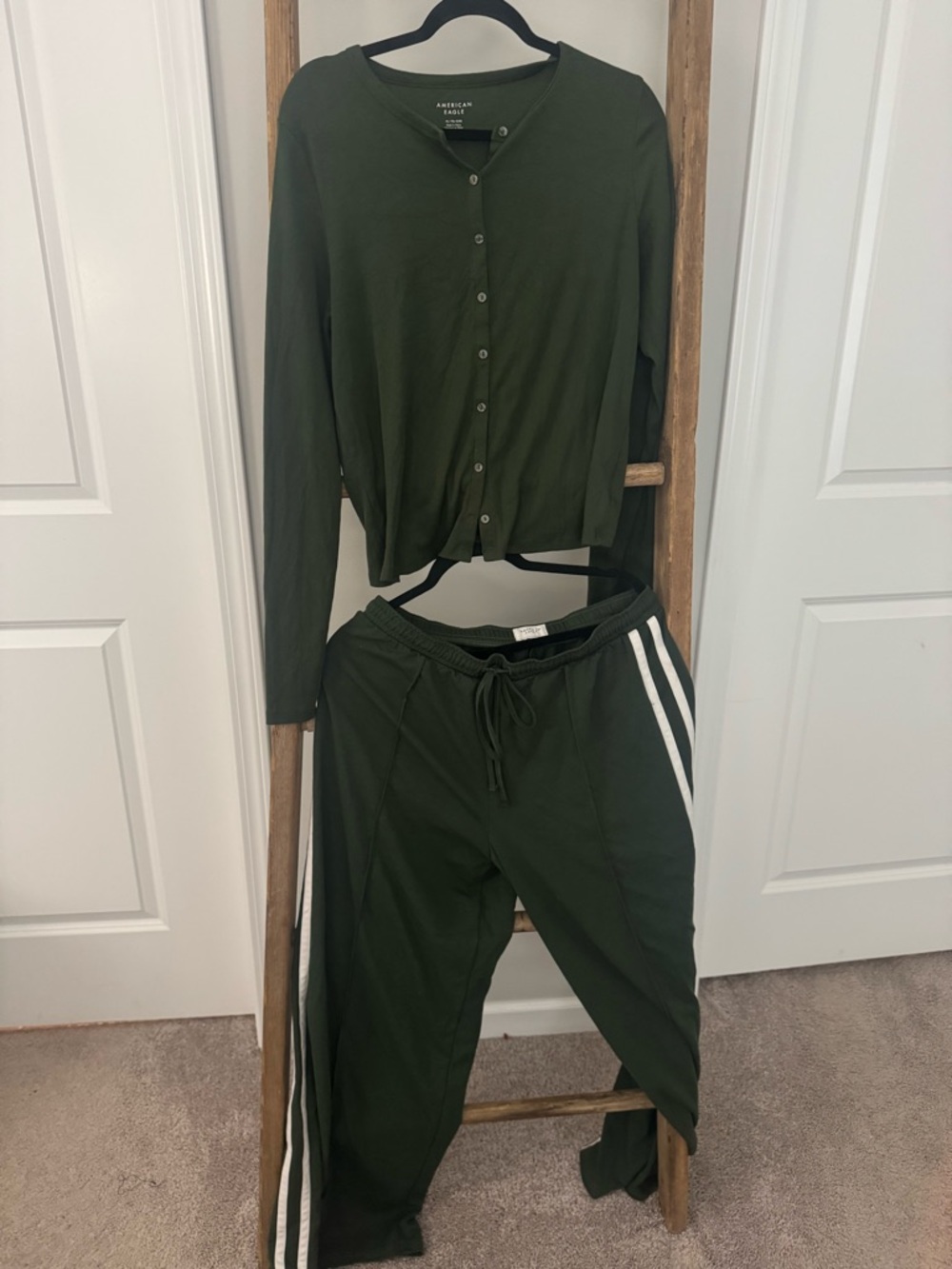 American Eagle . Olive Green Button-Up Top and Wide Leg Track Pants Set